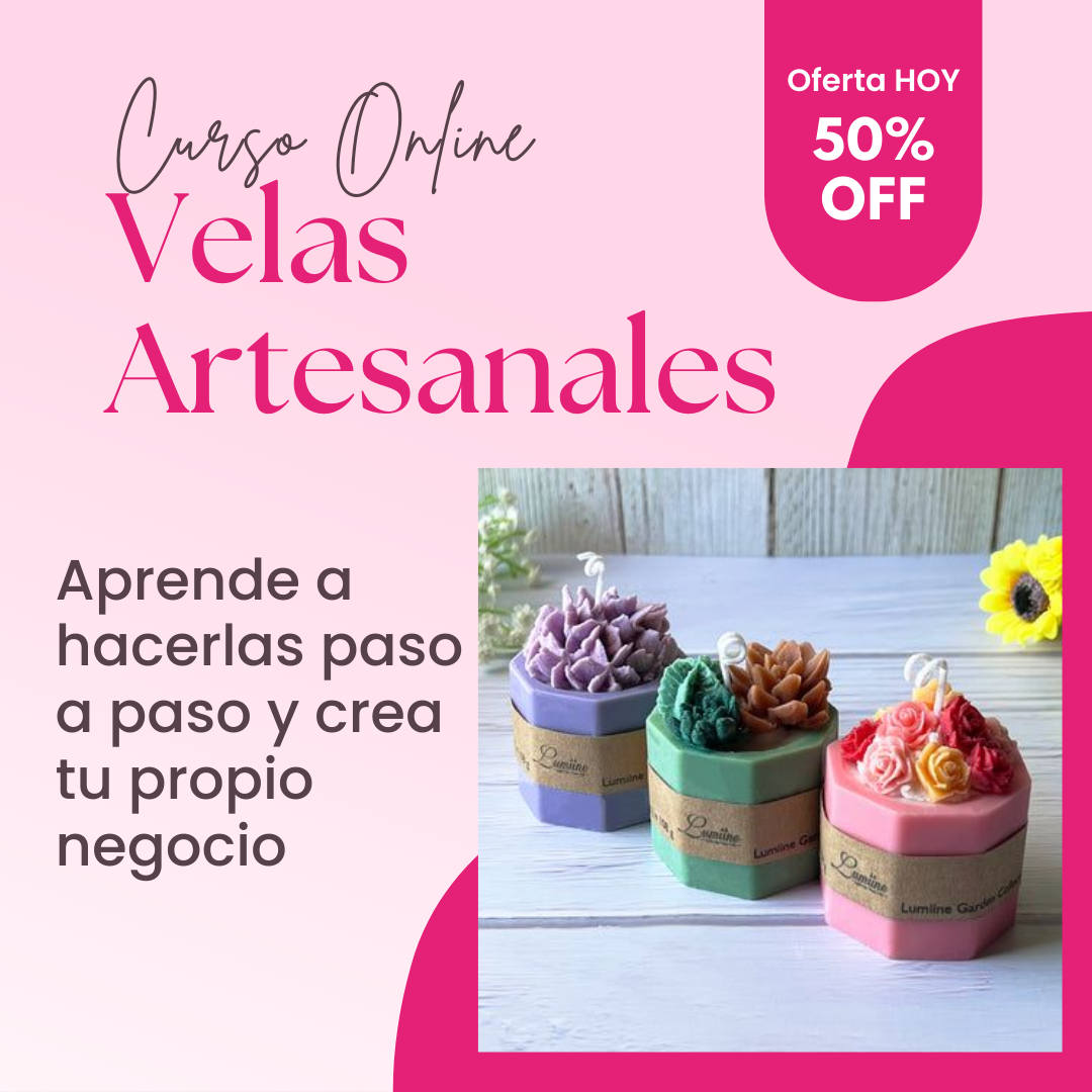 Imagen promocional de un curso online de velas artesanales. En la parte superior, el texto "Curso Online" y "Velas Artesanales" en una fuente estilizada, seguido por un recuadro rosa que anuncia "Oferta HOY 50% OFF". Debajo, una foto de velas artesanales coloridas y decorativas, con el texto "Aprende a hacerlas paso a paso y crea tu propio negocio" a la izquierda.